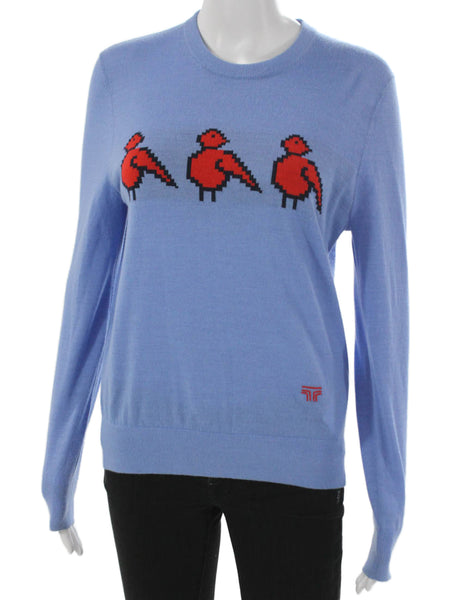 Tory Sport Women Pullover Merino Wool Blue Bird Print Crewneck Size XS
