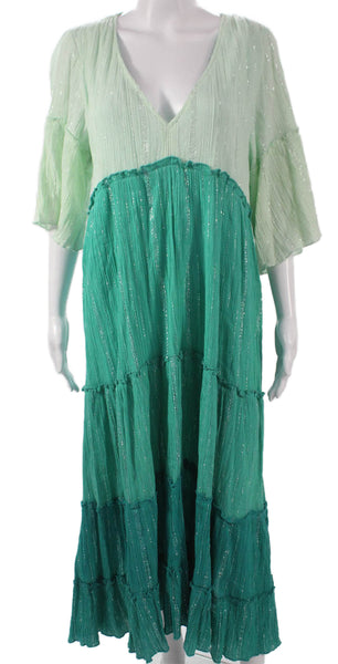 Sundress Womens Maxi Dress Green Striped Cotton V-Neck 3/4 Sleeve Size One Size