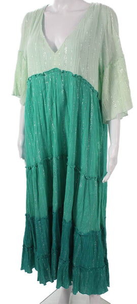 Sundress Womens Maxi Dress Green Striped Cotton V-Neck 3/4 Sleeve Size One Size