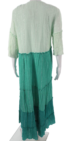 Sundress Womens Maxi Dress Green Striped Cotton V-Neck 3/4 Sleeve Size One Size