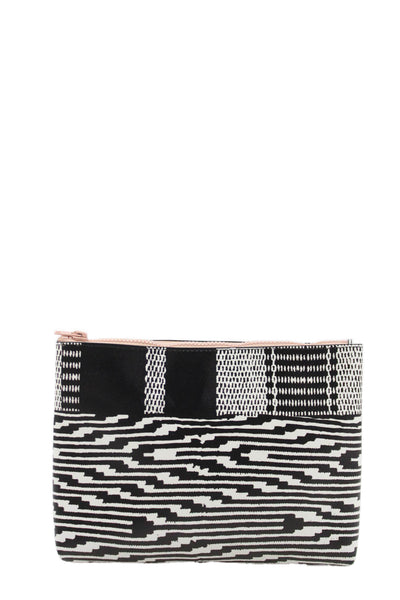 J Crew Womens Zip Top Coated Canvas Abstract Pouch Handbag Black White