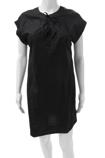 J Crew Women Black Shift Dress Short Sleeve Round Neck Lace Up Size PS