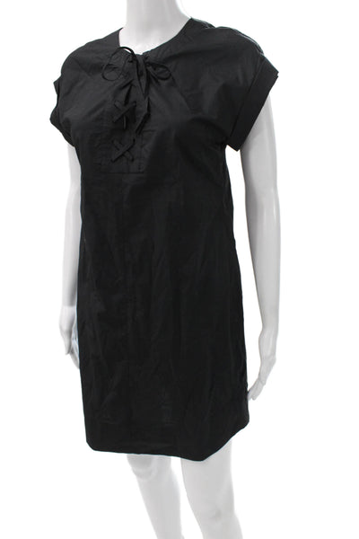 J Crew Women Black Shift Dress Short Sleeve Round Neck Lace Up Size PS