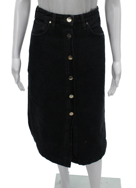 Goldsign Women Black Straight Pencil Midi Button Cotton Skirt Size 24