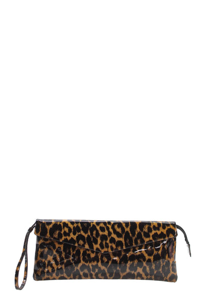 J Crew Womens Leopard Printed PVC Flap Wristlet Clutch Handbag Brown Black