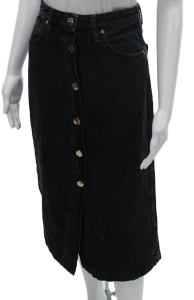 Goldsign Women Black Straight Pencil Midi Button Cotton Skirt Size 24