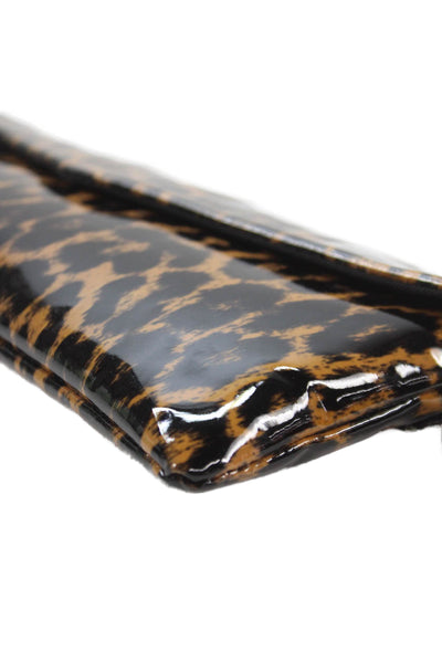 J Crew Womens Leopard Printed PVC Flap Wristlet Clutch Handbag Brown Black