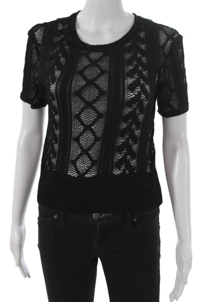 Zara Women Pullover Sweater Black Geometric Crewneck Short Sleeve Size M