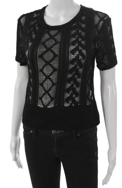 Zara Women Pullover Sweater Black Geometric Crewneck Short Sleeve Size M