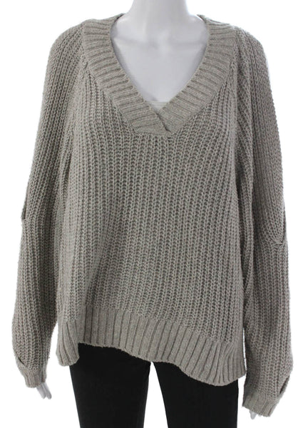 Leith Women Pullover V-Neck Cotton Sweater Gray Long Sleeve Size L