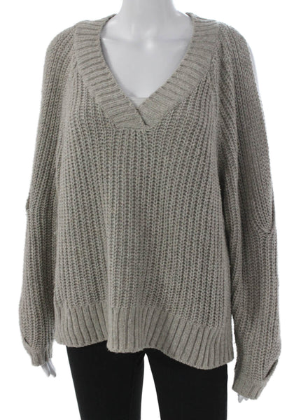 Leith Women Pullover V-Neck Cotton Sweater Gray Long Sleeve Size L