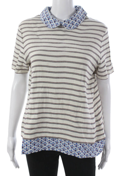 Tory Burch Womens Cotton Striped Collared T-Shirt Short Sleeve Ivory Zip Size L