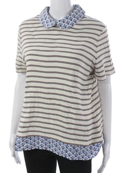 Tory Burch Womens Cotton Striped Collared T-Shirt Short Sleeve Ivory Zip Size L