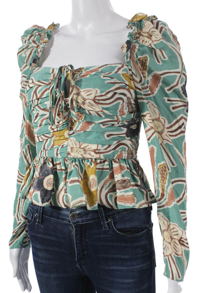 Ulla Johnson Womens Silk Floral Square Neck Blouse 3/4 Sleeve Size 2