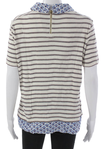 Tory Burch Womens Cotton Striped Collared T-Shirt Short Sleeve Ivory Zip Size L