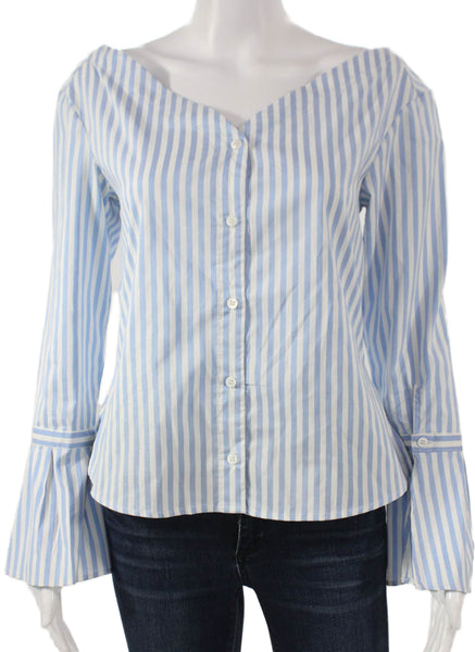 Highline Collective Womens Off Shoulder Striped Blue Blouse Long Sleeve Size XS