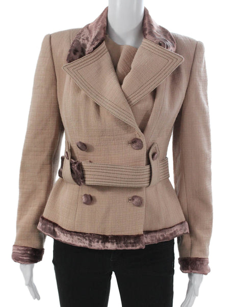 collection PRIVEE Womens Beige Tweed Velvet Basic Jacket Button Size 42