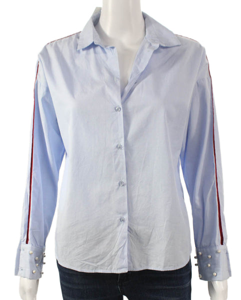 Zara Women Blue Cotton Collared Long Sleeve Button Up Basic Top Size S