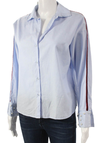 Zara Women Blue Cotton Collared Long Sleeve Button Up Basic Top Size S