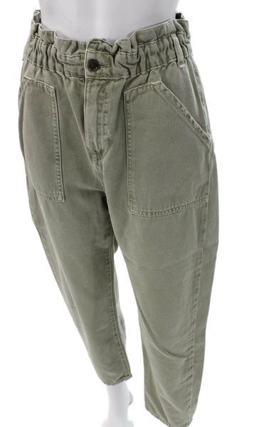 Zara Women Paperbag Waist Pants Green Cotton Button Size 4