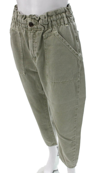 Zara Women Paperbag Waist Pants Green Cotton Button Size 4