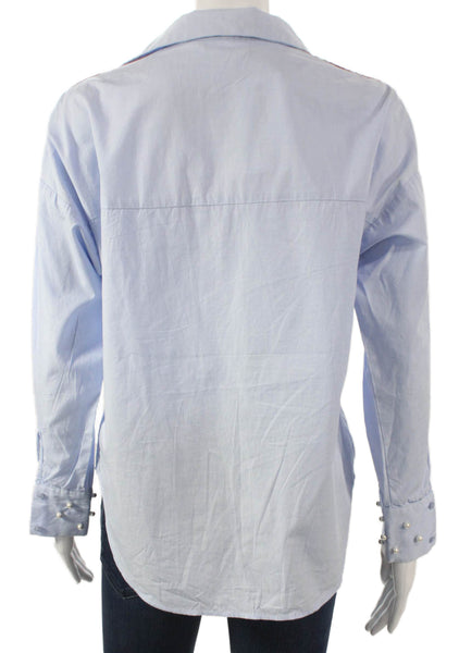 Zara Women Blue Cotton Collared Long Sleeve Button Up Basic Top Size S