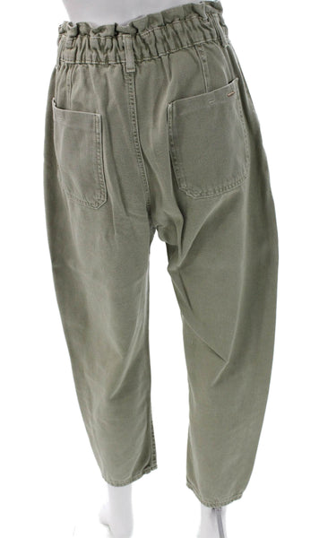 Zara Women Paperbag Waist Pants Green Cotton Button Size 4