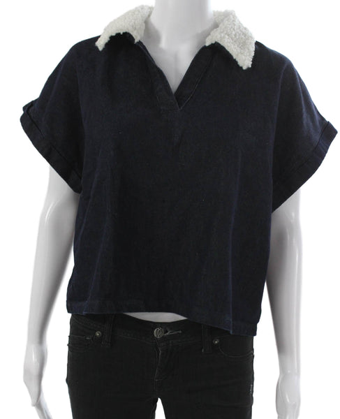 Rever Design Studio Women Cropped Denim Polo Collared Short Sleeve Blue Size M