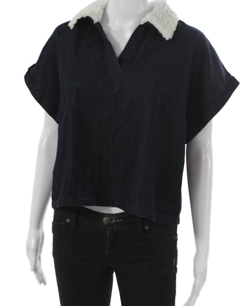 Rever Design Studio Women Cropped Denim Polo Collared Short Sleeve Blue Size M