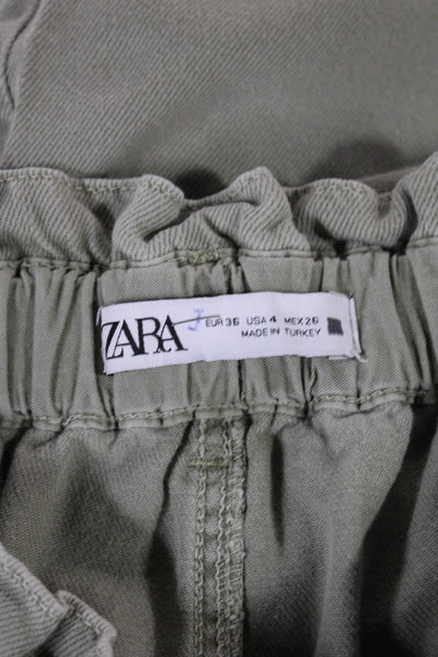 Zara Women Paperbag Waist Pants Green Cotton Button Size 4