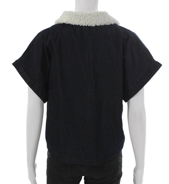 Rever Design Studio Women Cropped Denim Polo Collared Short Sleeve Blue Size M