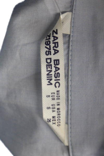 Zara Women Blue Cotton Collared Long Sleeve Button Up Basic Top Size S
