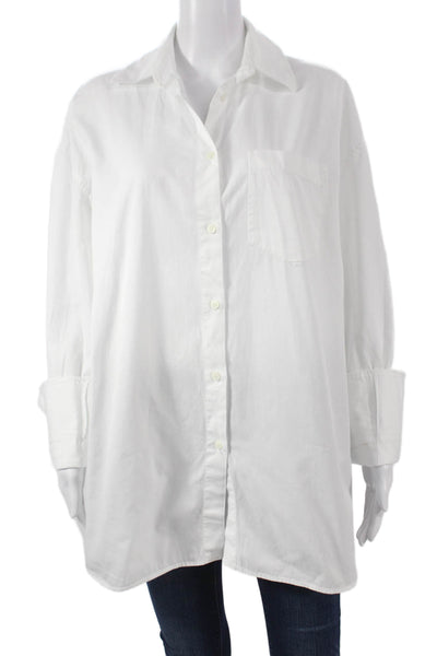 Zara Women Basic White Cotton Collared Button-Up Blouse Long Sleeve Size S