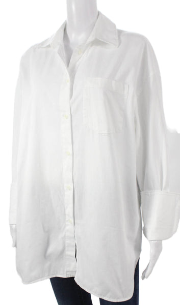 Zara Women Basic White Cotton Collared Button-Up Blouse Long Sleeve Size S