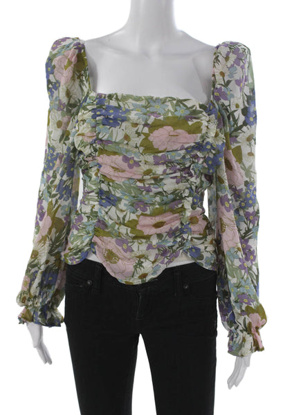 ASTR Women Floral Square Neck Long Sleeve Polyester Blouse Zipper Size L