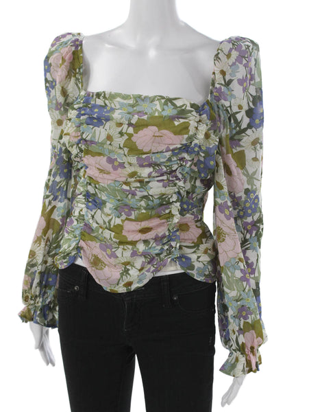 ASTR Women Floral Square Neck Long Sleeve Polyester Blouse Zipper Size L