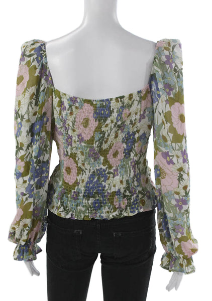 ASTR Women Floral Square Neck Long Sleeve Polyester Blouse Zipper Size L
