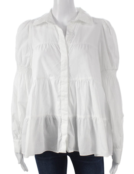 Zara Women White Collared Tunic Blouse Cotton Button Long Sleeve Size S