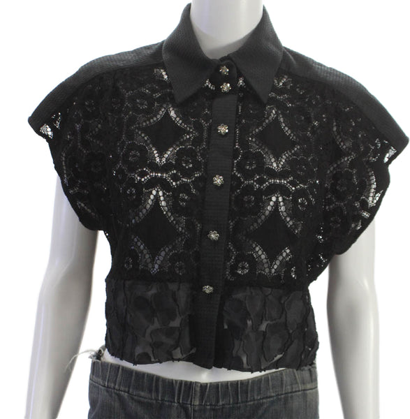 Emanuel Ungaro Womens Cropped Lace Floral Blouse Black Sleeveless Size S