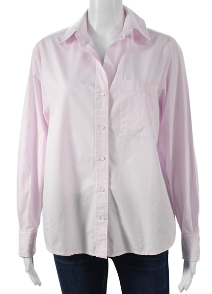 Zara Women Basic Collared Cotton Button-Up Long Sleeve Pink Size XS
