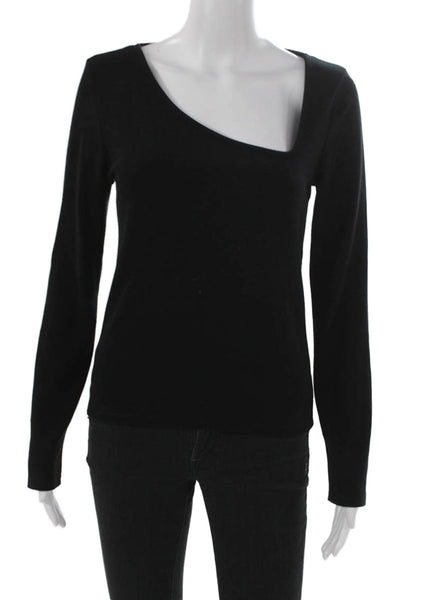 Zara Women Black Basic T-Shirt Acrylic Square Neck Long Sleeve Size L