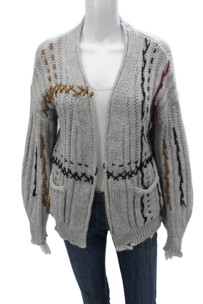 Anja Rock Women Cardigan Sweater Gray V-Neck Geometric Long Sleeve Size S