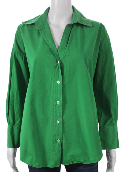 Zara Women Basic Collared Cotton Button-Up Long Sleeve Green Top Size S