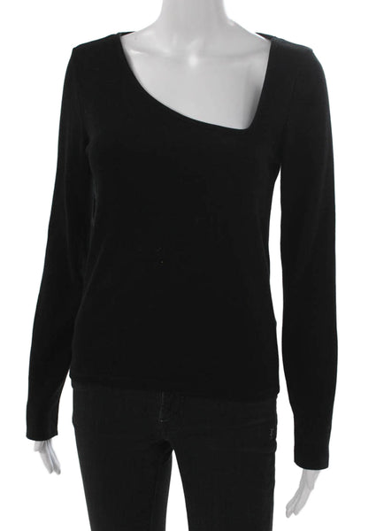 Zara Women Black Basic T-Shirt Acrylic Square Neck Long Sleeve Size L