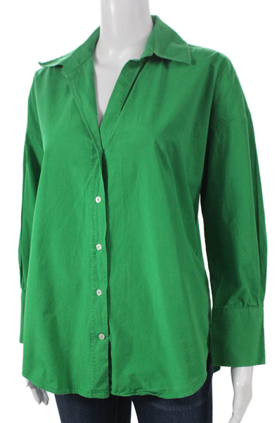 Zara Women Basic Collared Cotton Button-Up Long Sleeve Green Top Size S