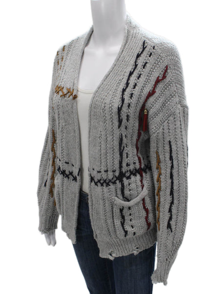 Anja Rock Women Cardigan Sweater Gray V-Neck Geometric Long Sleeve Size S