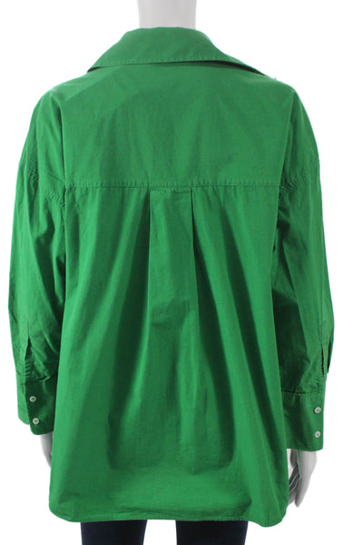 Zara Women Basic Collared Cotton Button-Up Long Sleeve Green Top Size S