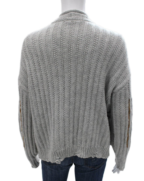 Anja Rock Women Cardigan Sweater Gray V-Neck Geometric Long Sleeve Size S