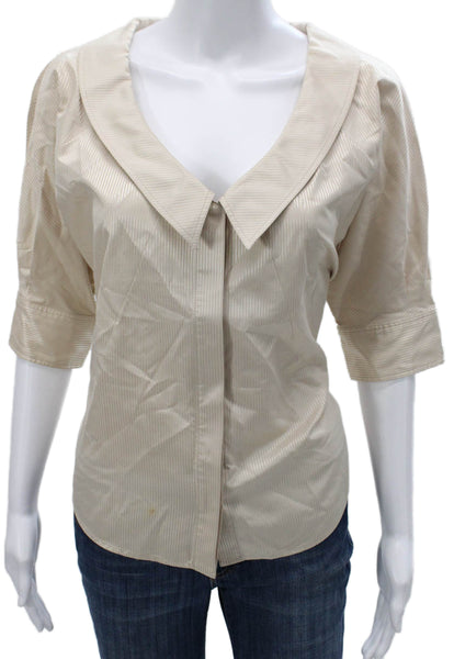 Zac Posen Women Basic Striped Collared Cotton Blouse 3/4 Sleeve Beige Size 10