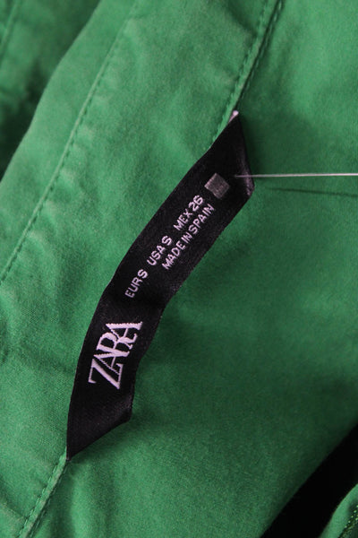 Zara Women Basic Collared Cotton Button-Up Long Sleeve Green Top Size S